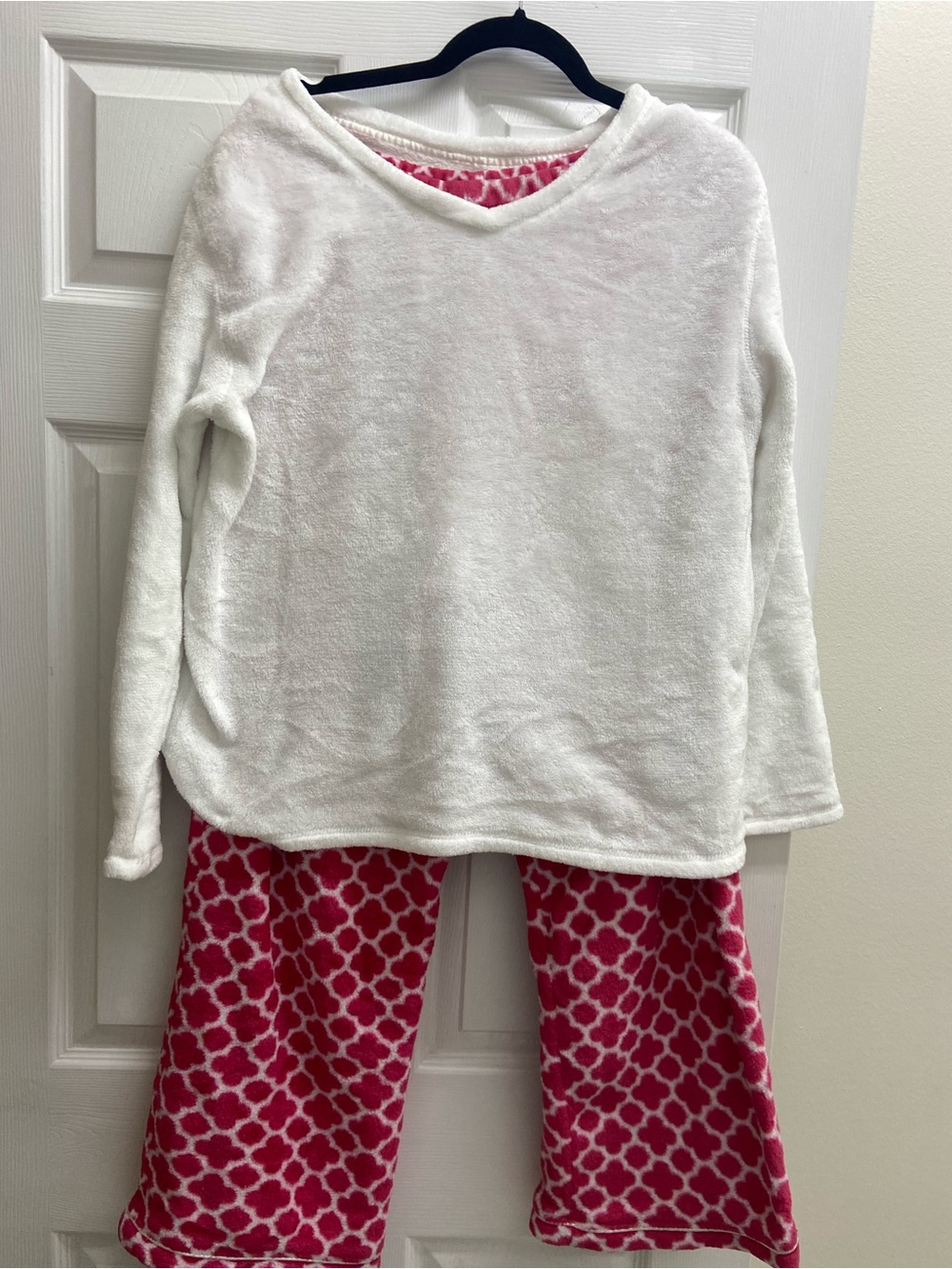 Plush White Top and Pink Patterned Pajama Set